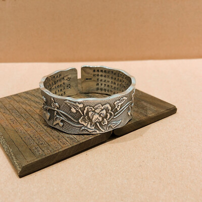 Pure S999 Sterling Silver 999 Vintage Lotus Wide Bracelet Bangle OPEN-CUFF 88g