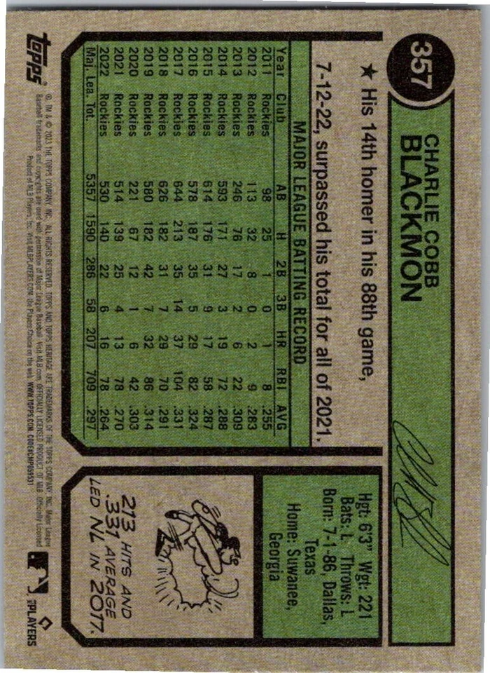 2023 TOPPS HERITAGE #357 CHARLIE BLACKMON ROCKIES - Image 2 of 2