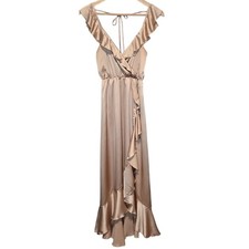 Show Me Your Mumu Samantha Ruffle Wrap Dress XS Champagne Luxe Satin Gown