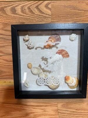 Handmade unique 3D wood & glass shell shadow box decor 10 square anchor sticker
