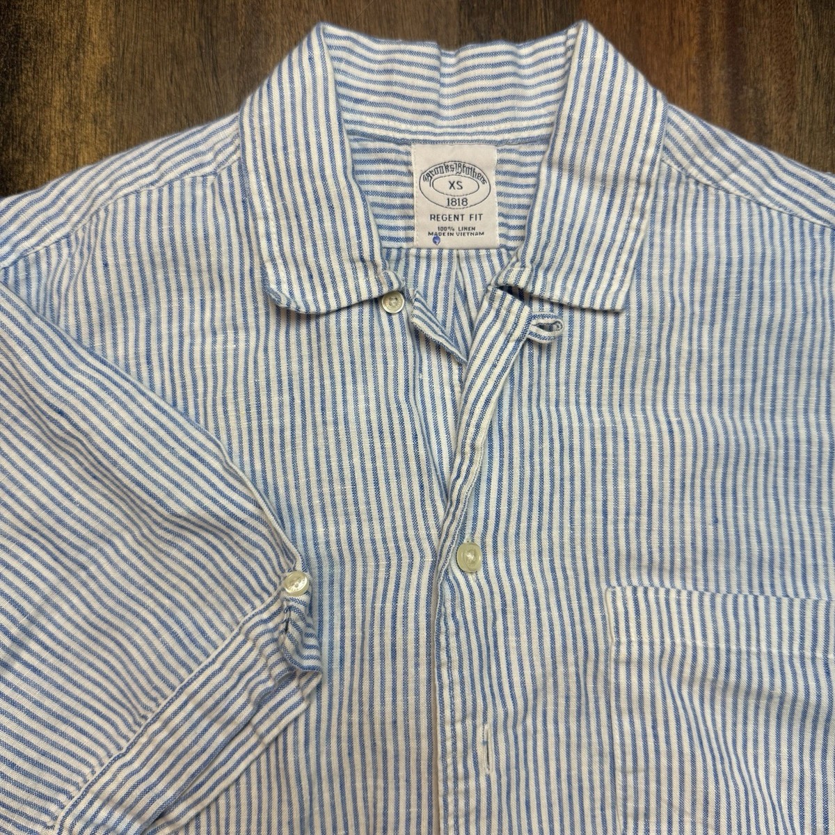 Brooks Brothers 1818 Regent Fit Mens XS Linen Blue White Stripe