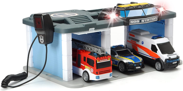 Sos Rettungsstation Mit Polizei, Feuerwehr Und Krankenwagen, Station Mit Licht &-image