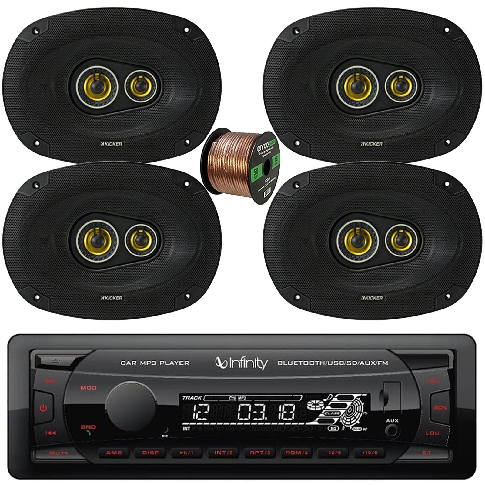 Receiver, 4x 6x9" 450w Car Speakers, Wire