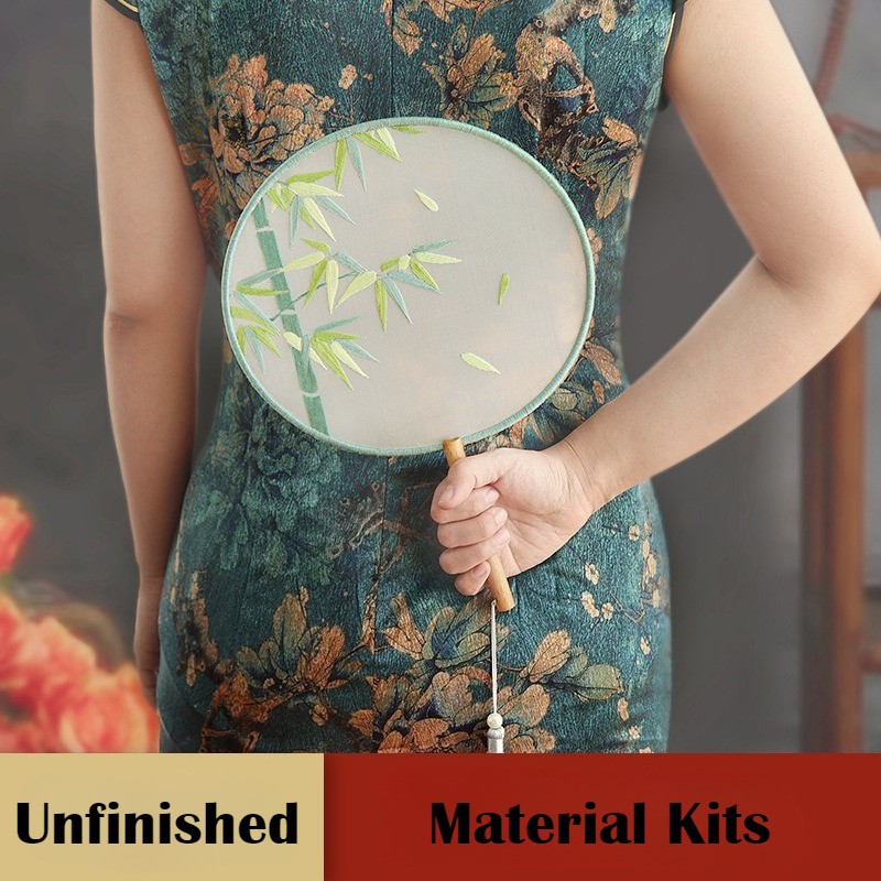 Unfinished DIY Material Embroidered Cross Stitch Fan Kits Pre Printed Floral