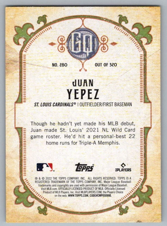 2022 Topps Gypsy Queen Juan Yepez Rookie St. Louis Cardinals #280 - Image 2 of 2