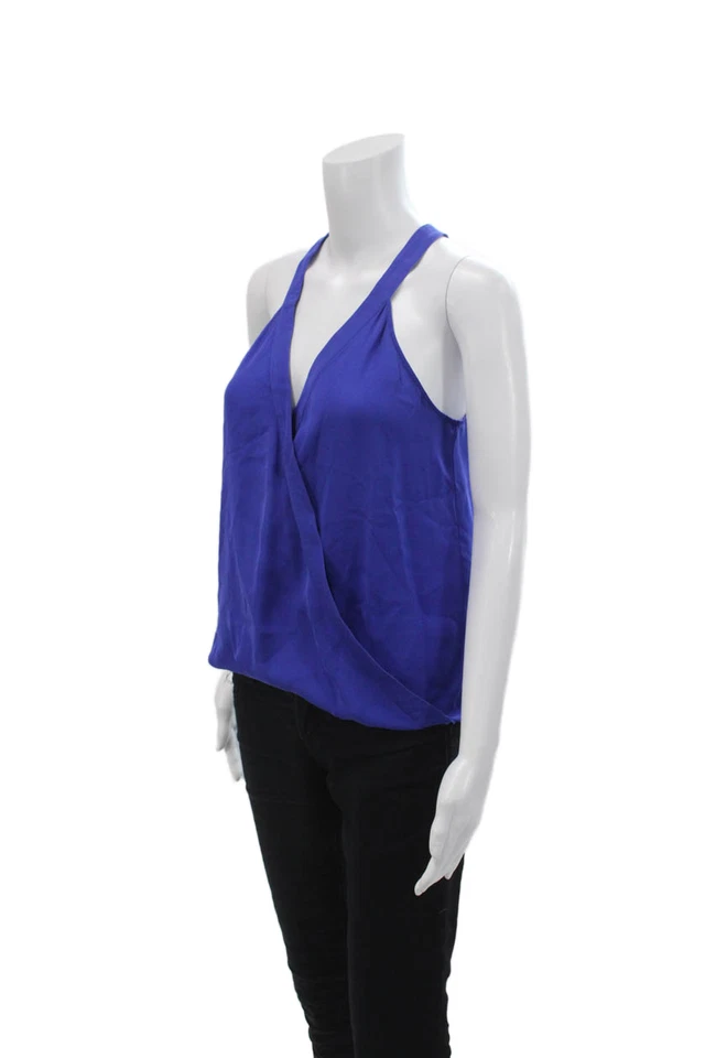 Blusa sin mangas pulóver drapeada con cuello en V de seda azul Parker para mujer talla XS Foto 2 de 4