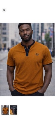 Nick Danger Short-Sleeve Henley Polo Shirt - Burnt Orange with Contrast Trim M