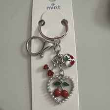 Silver Tone Cherry In Heart Purse Charm/Keychain