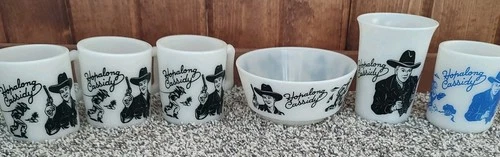 Vintage Hopalong Cassidy Milk Glass Hazel Atlas Mugs, Cup Bowl Lot From 1950's.