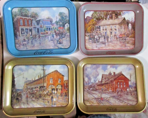 4 Vintage Coca Cola Metal Tray  - 1980's  Art Work by  Leslie Cope