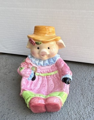 WCL Ceramic Pig Piggy Bank Figurine Pink Dress Straw Hat Holding Roses