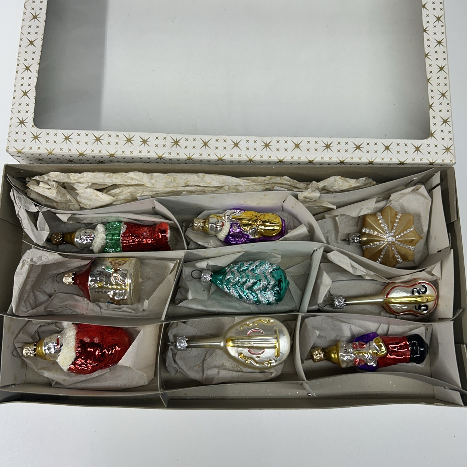 Vintage Weihnachtsschmuck 9 Stück Glas Glimmer West Germany Figurenbox Sears