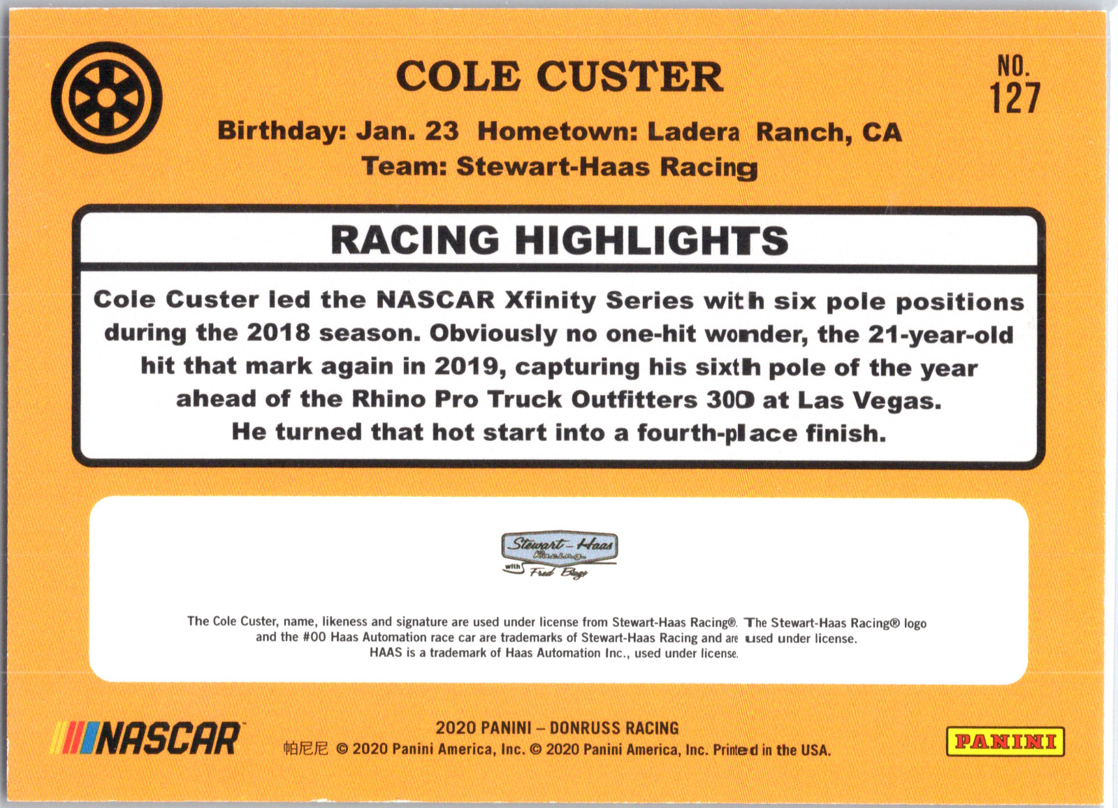 2020 Donruss Racing Cole Custer Retro Purple 32/49 Nascar