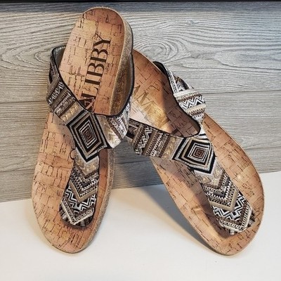 Sam & Libby Cork Thong Sandals Women's Size 8 Geometric Embroidered Aztec
