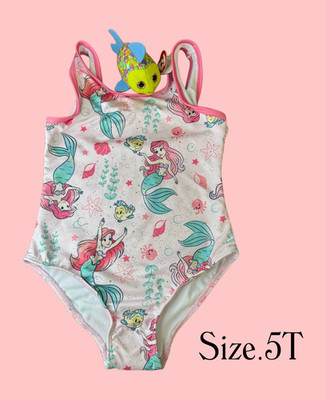 Disney Ariel Little Mermaid Girls One Piece Swimsuit Pink Flounder Print Size 5T