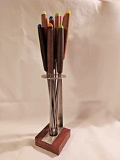 Fondue Set 10 Forks w/ Stand/Holder Color Coded Vintage Stainless Steel & Wood