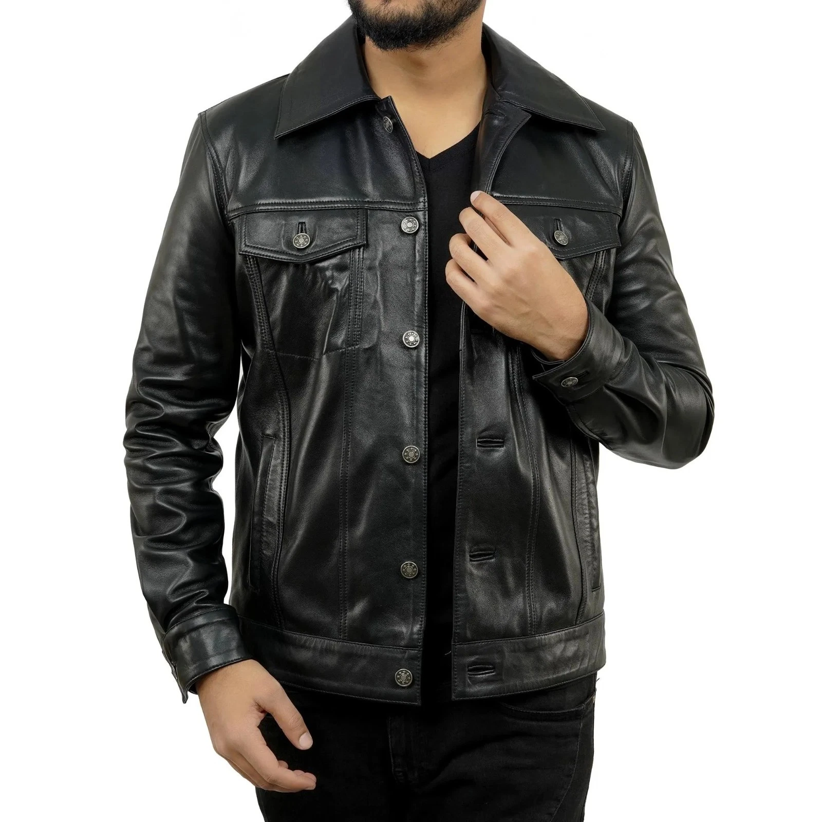 Men's Black Leather Trucker Jacket Button Front Chest Pockets Biker Coat
