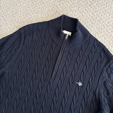 GANT Mens 3XL Cable Knit Quarter Zip Jumper Navy Chunky Cotton Knit