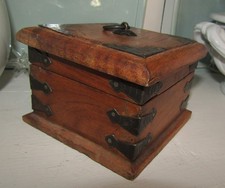 vintage hand crafted wooden trinket box with metal accents and hindged lid 4"x4"