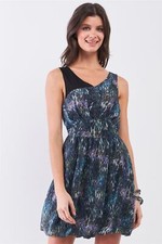 Navy Blue Sleeveless Mesh V-neck Self-tie Waist Stitched Together Mini Dress