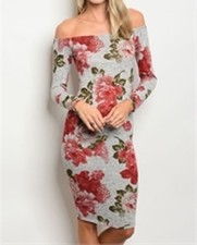 GRAY LONG SLEEVE OFF SHOULDER FLORAL BODYCON DRESS BY HELLO MISS SIZE S, M