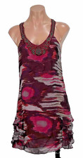 Free People Boho Dress Beaded 100% Silk Racerback Ruffle Tie Dye Aztec Tunic 6