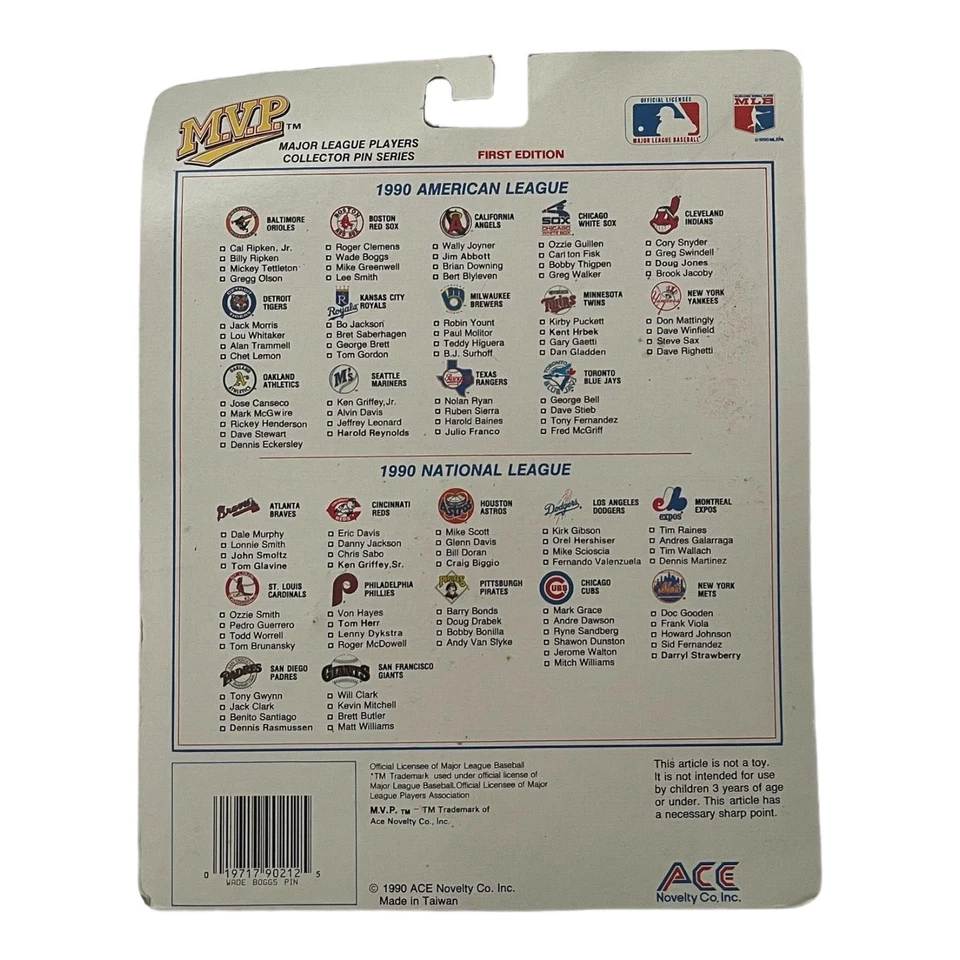 MLB M.V.P. Prendedor y tarjeta coleccionable vintage Wade Boggs 1990 As novedad Foto 3 de 4