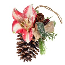Set of 4 Sparkling Pine Cone 5" Ornaments with Flower Accent Burlap Bow