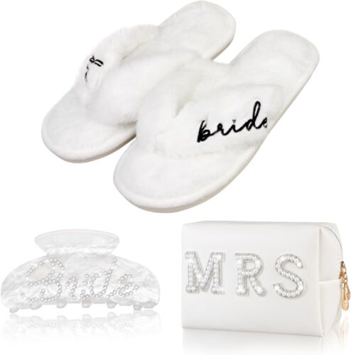 Bride To Be Gift Set - Slippers Mrs Makeup Bag Hair Clip, Bridal...