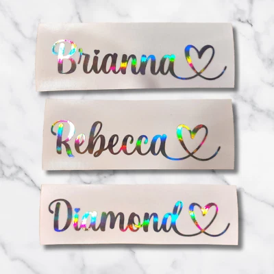 KWL CREATIONS Holographic Custom Cursive Name with Hearts Vinyl Custom Lettering Decal