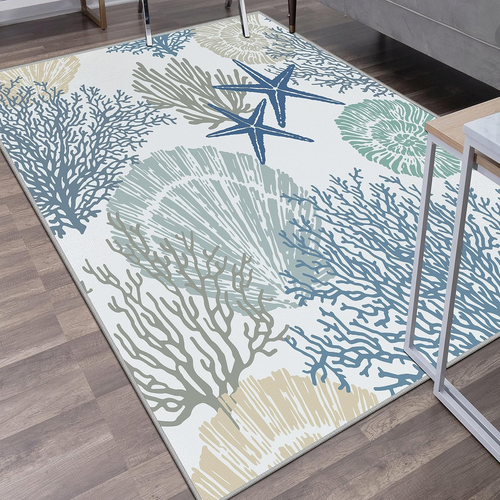 Coastal Area Rugs Nautical Beach Themed Non-Slip Machine Washable Rugs Modern Fl - Picture 2 of 7