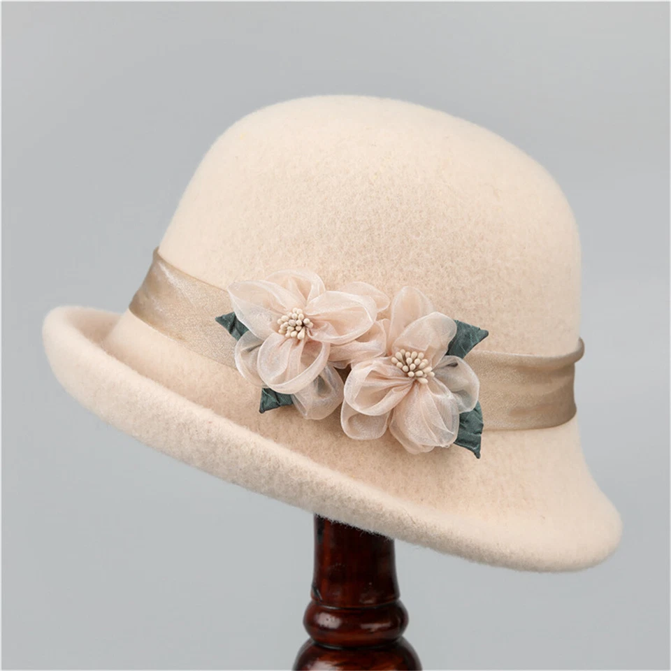 Winter Women Ladies Vintage Wool Felt Bucket Cap Flower Cloche Church Bowler Hat - Image 2 of 4