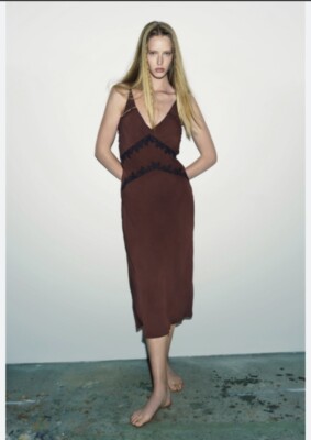 Zara brown lace trim long dress S | eBay Zara brown lace trim long dress S | eBay