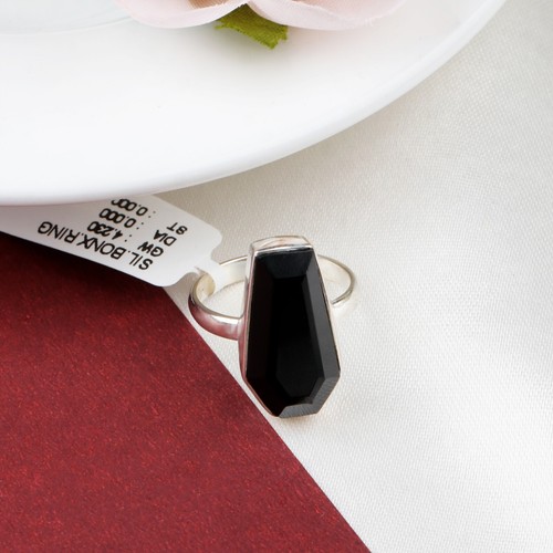 925 Sterling Silver Natural Black Onyx Coffin Filigree Stacking Ring Band Size 7 - Zdjęcie 6 z 7