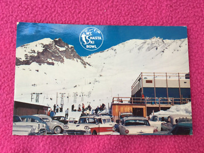 MT. SHASTA AREA vintage RPPC POSTCARD california SKI BOWL chair lift LODGE cars