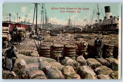 c1910 New Orleans Louisiana Vintage Postcard Cotton Bale Scene Levee View Ships