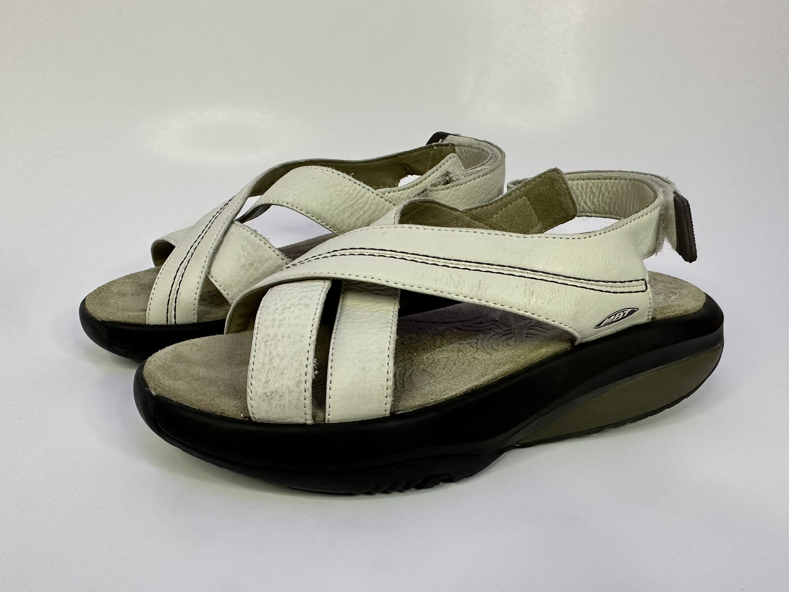 MBT Kiburi 3 Strap Wedge Rocker Bottom Size 7.5 White Leather Toning Sandals  | eBay
