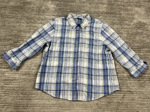 Alfred Dunner Top Womens 16 Blue Plaid Long Sleeve Button Up Floral Emroidered