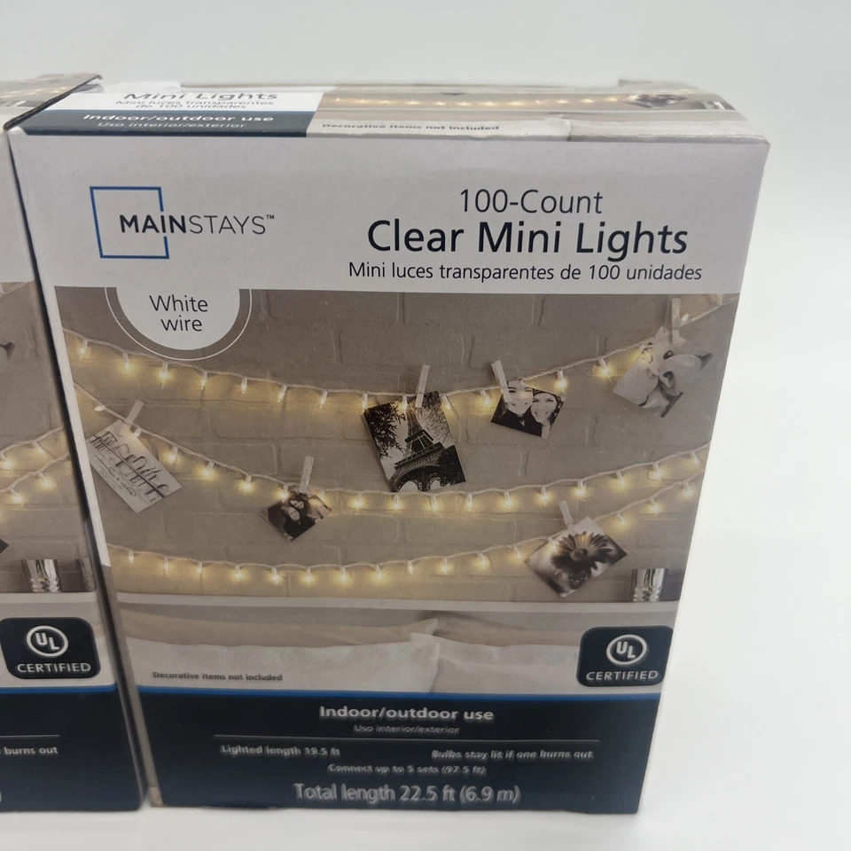 Lote de 2 mini luces transparentes Mainstays 100 unidades cable blanco interior/exterior 22,5’ Foto 2 de 3