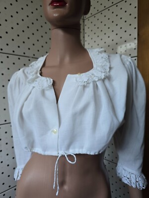 Vintage Handmade Size 42 Dirndl Blouse Alphorn Trachten Traditional TOP White