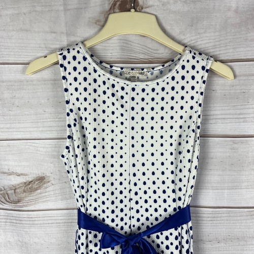 Haani Petite Small Sleeveless Polka Dot Fit Flare Dress White Royal Blue Belt - Picture 2 of 5