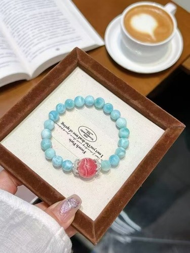Natural Blue Larimar with rhodochrosite Round Beads Bracelet 10mm AAAA