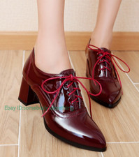 Women's Vintage Pointed Toe Shoes Patent Leather Oxfords Block Mid Chunky Heels