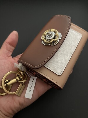 COACH Tea Rose Mini Parker Card Case Pouch Charm With Snakeskin
