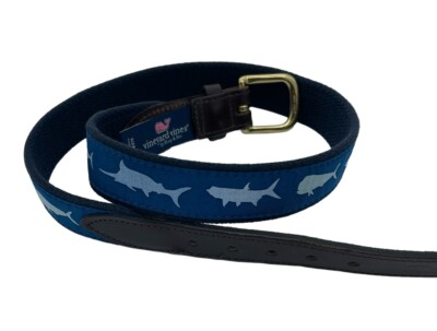 Vineyard Vines Sz 28 Blue W/Fish Canvas & Leather Belt NW/OTs