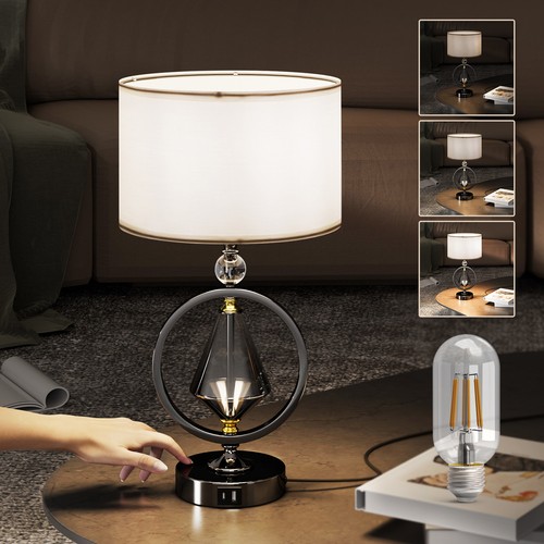 Bedside Table Lamp Touch Control Luxury Diamond Desk Lamp with USB Charging Port - Picture 8 of 8