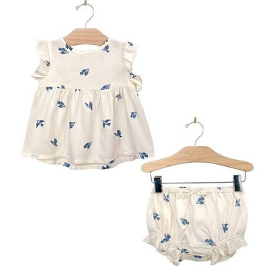City Mouse Studio Bluebird Printed Baby Dress + Bloomers Set