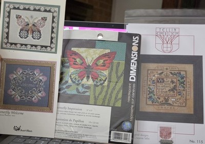 4 Butterfly cross stitch Needlepoint Just Nan Ice Moth, Welcome, Tellin Emblem