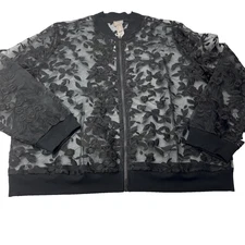 Chicos Jacket size 3 Organza Bomber Black Sheer L/S full zip Embroidered New