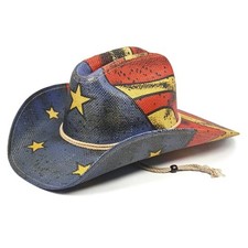Straw Cowboy Hat for Women and Men - American Flag Tea Stained Patriotic Stars